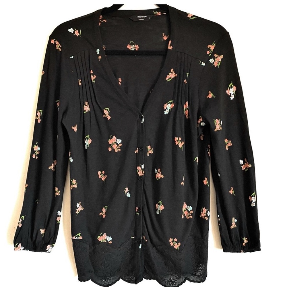 Lucky Brand Black Floral V-Neck Button Up Top, Lace Trim, Medium EUC